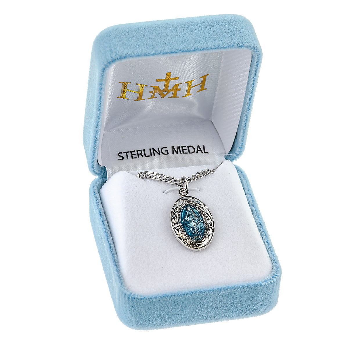 Sterling Silver Oval Blue Enameled Miraculous Medal Pendant with Chain | .925 Silver