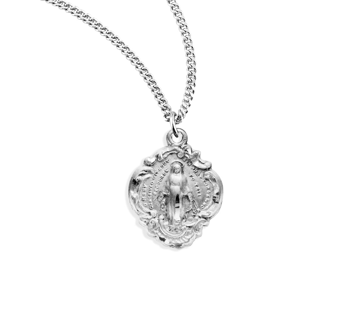 Sterling Silver Fancy Baroque Style Miraculous Medal Pendant with Chain | .925 Silver