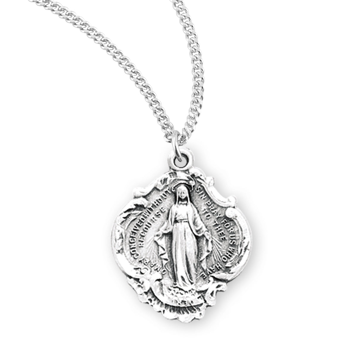 Sterling Silver Fancy Baroque Style Miraculous Medal Pendant with Chain | .925 Silver