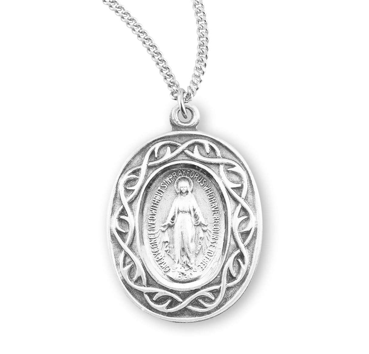 Miraculous Medal Pendant with Chain Oval Sterling Silver "Crown of Thorns" Medal Pendant with Chain | .925 Silver
