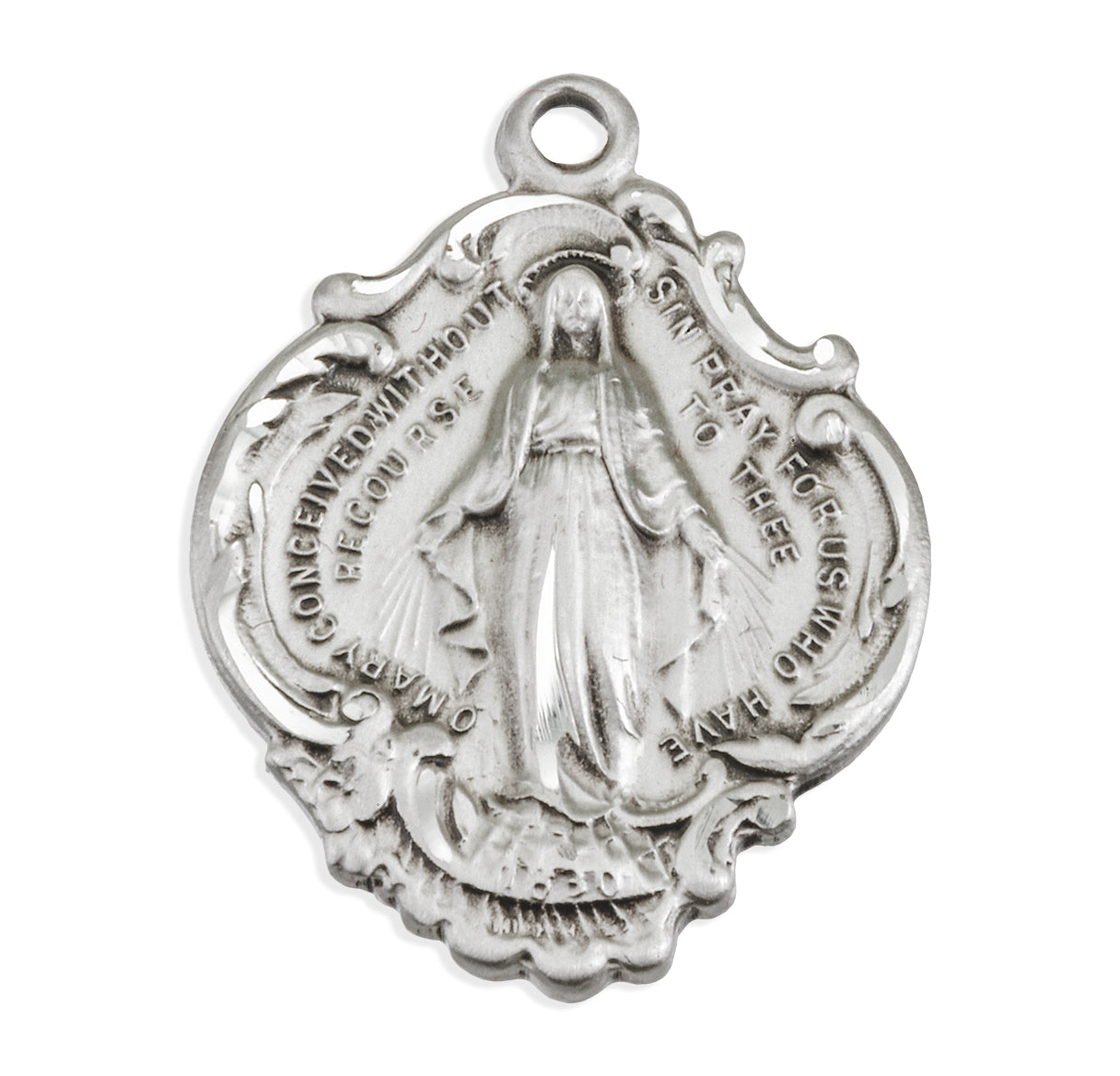 Sterling Silver Baroque Style Miraculous Medal Pendant with Chain | .925 Silver