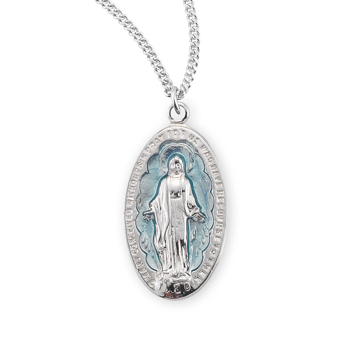 Sterling Silver Light Blue Enameled Miraculous Medal Pendant with Chain | .925 Silver