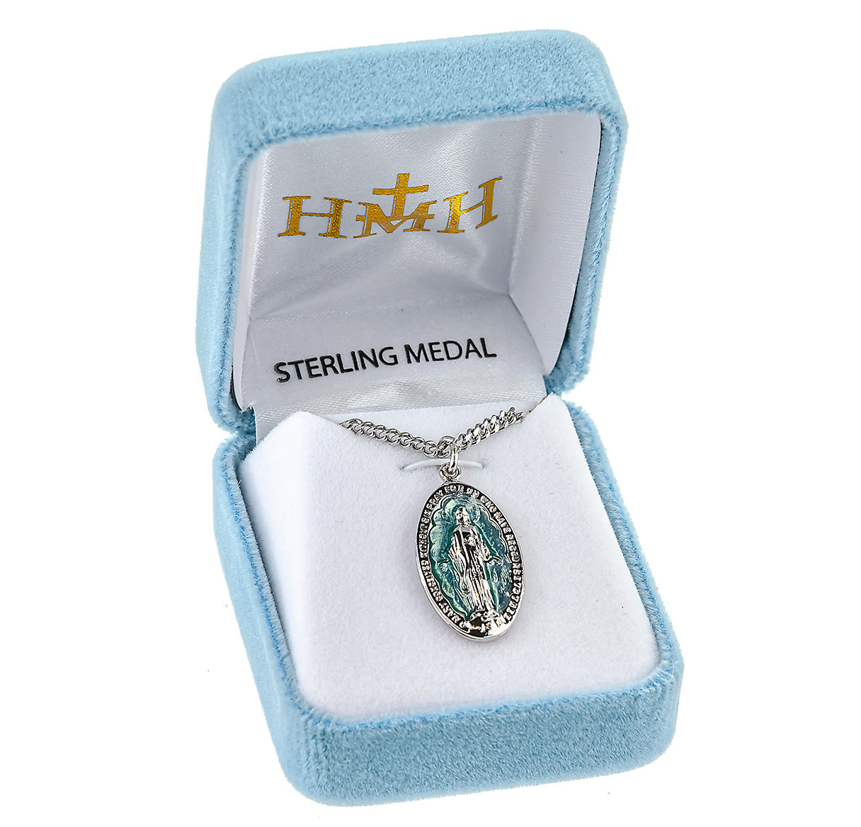 Sterling Silver Light Blue Enameled Miraculous Medal Pendant with Chain | .925 Silver