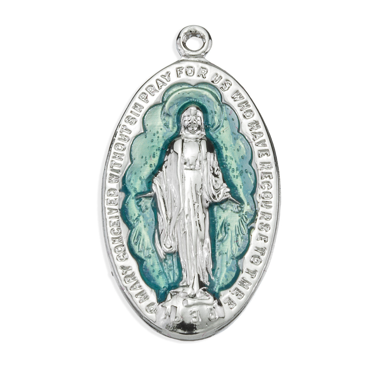 Sterling Silver Light Blue Enameled Miraculous Medal Pendant with Chain | .925 Silver