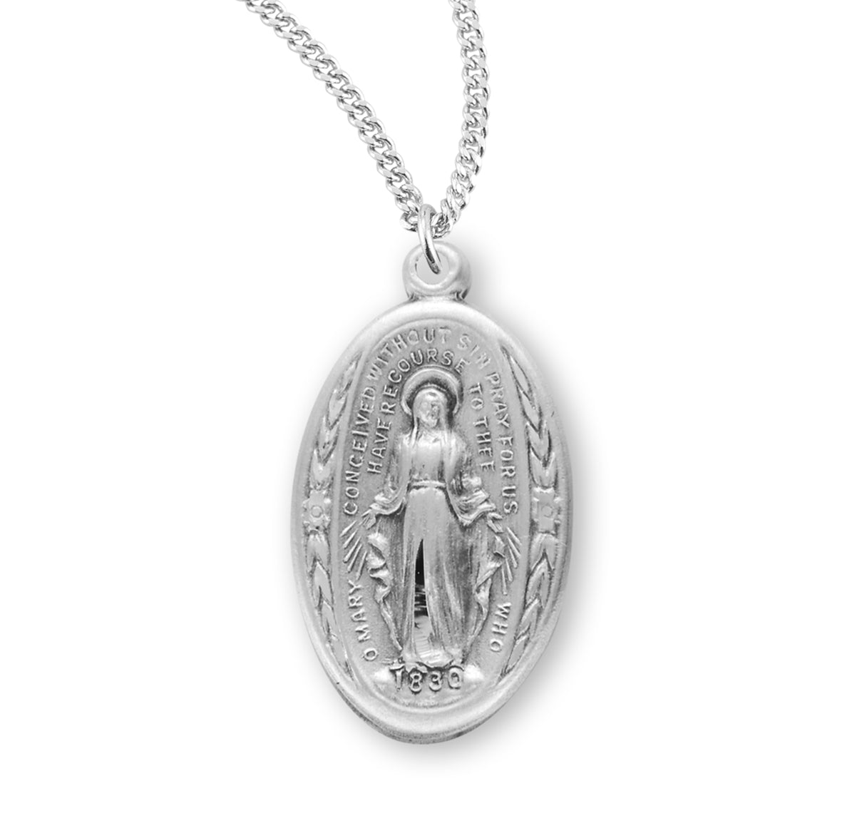 Sterling Silver Oval Miraculous Medal Pendant with Chain | .925 Silver
