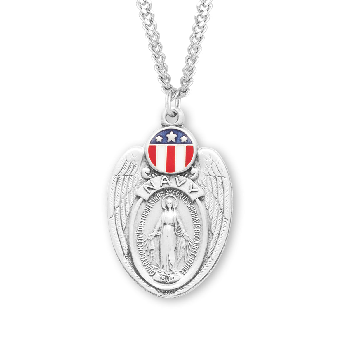 Navy Sterling Silver Enameled Miraculous Medal Pendant with Chain | .925 Silver