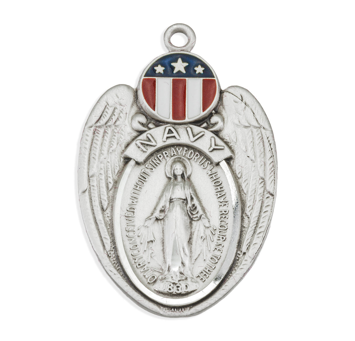 Navy Sterling Silver Enameled Miraculous Medal Pendant with Chain | .925 Silver