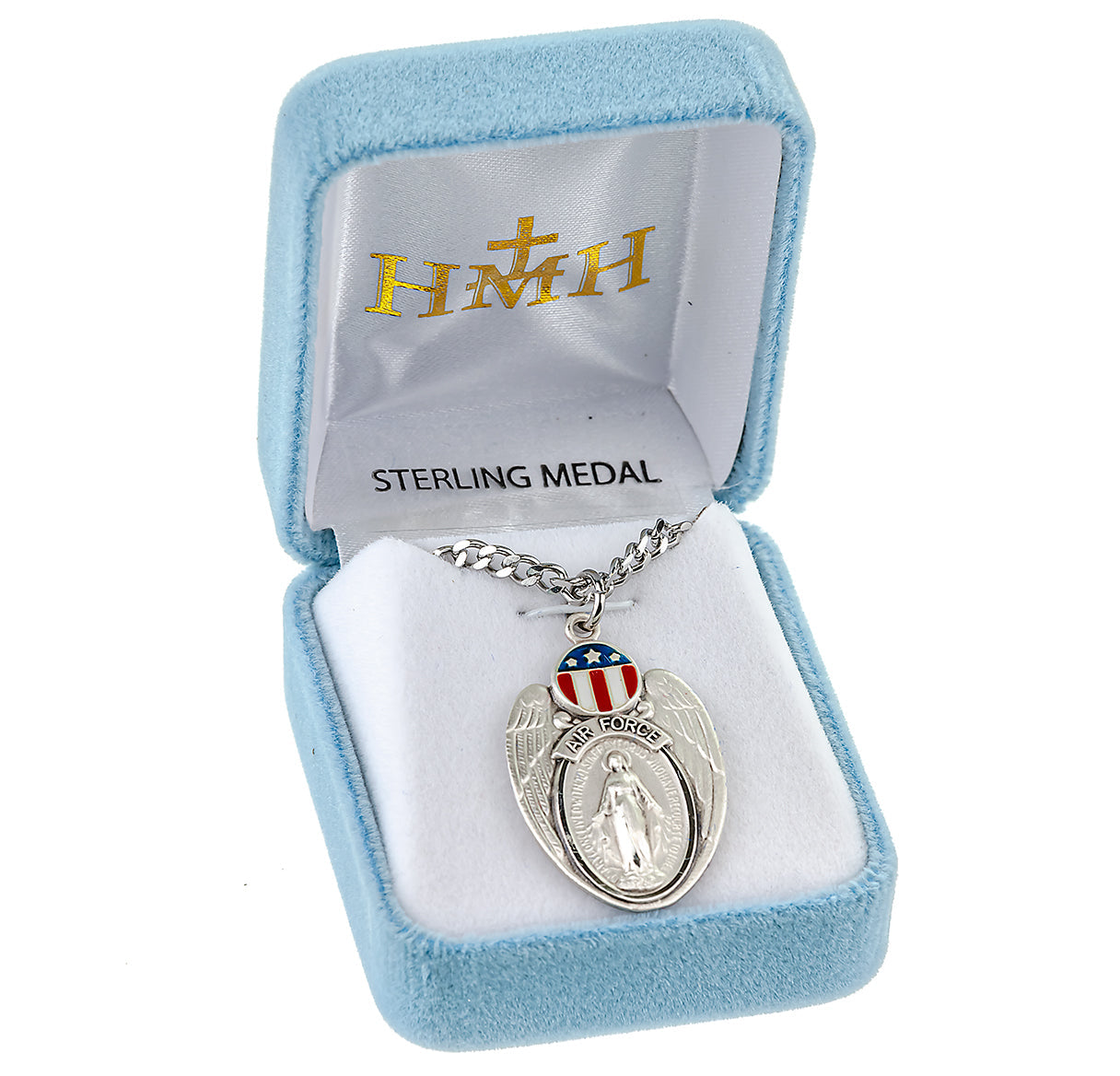 Air Force Sterling Silver Enameled Miraculous Medal Pendant with Chain | .925 Silver