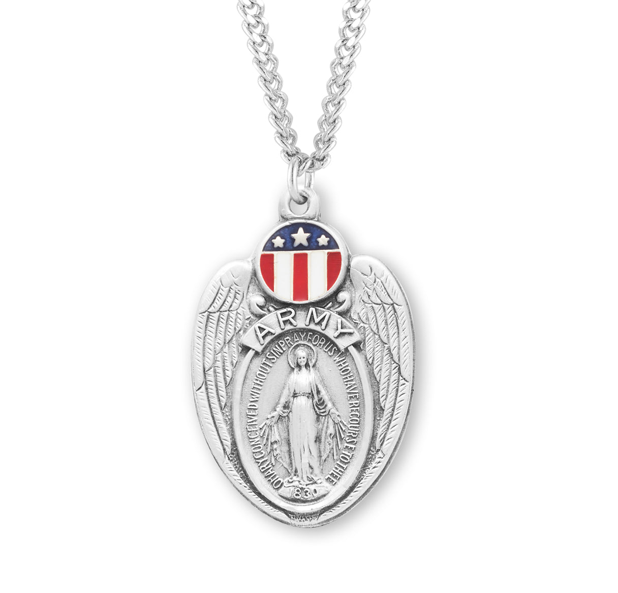 Army Sterling Silver Enameled Miraculous Medal Pendant with Chain | .925 Silver