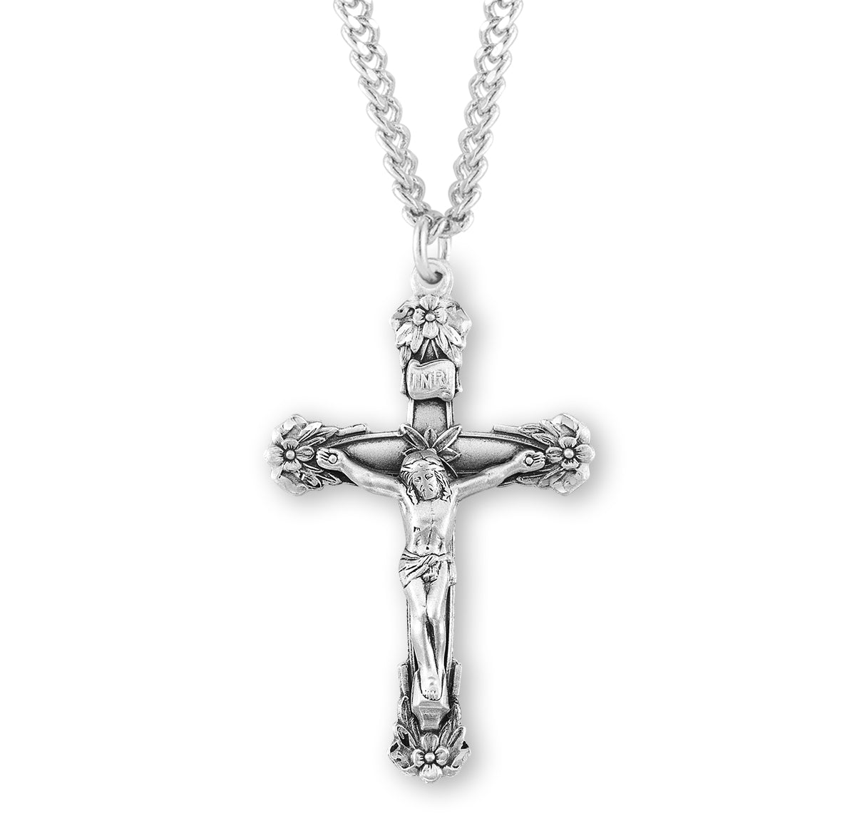 Floral Designed Sterling Silver Crucifix Necklace | .925 Silver