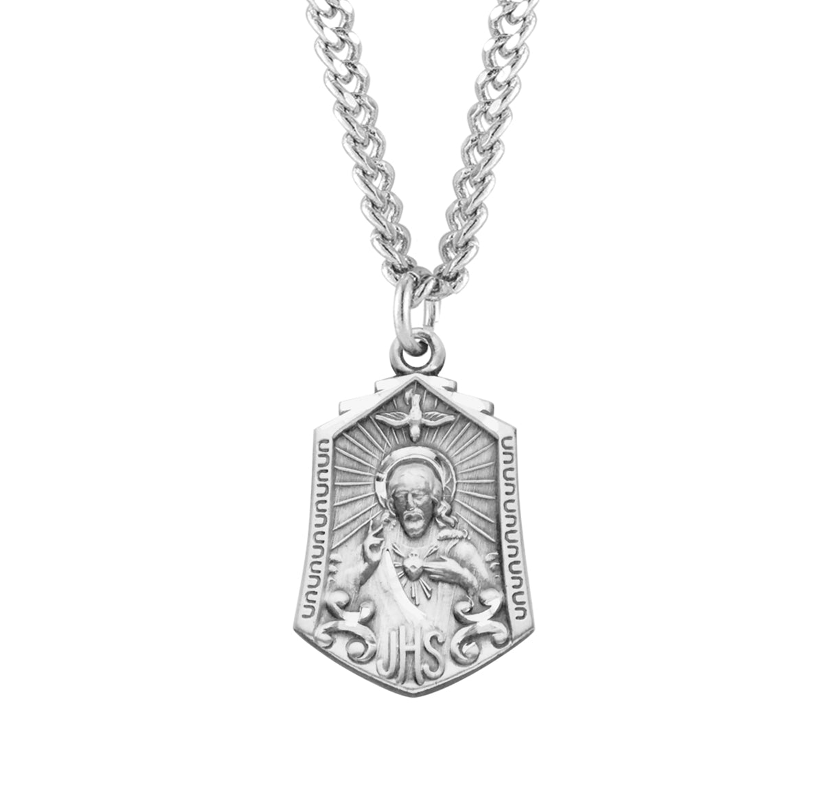 Sterling Silver Scapular Sacred Heart of Jesus Double Sided Medal Pendant with Chain | .925 Silver