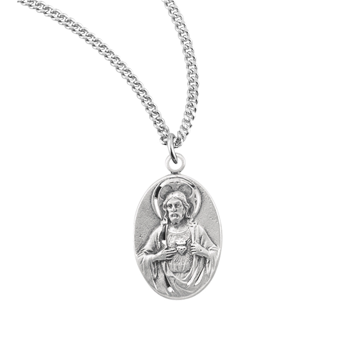 Sterling Silver Scapular Sacred Heart of Jesus Double Sided Medal Pendant with Chain | .925 Silver