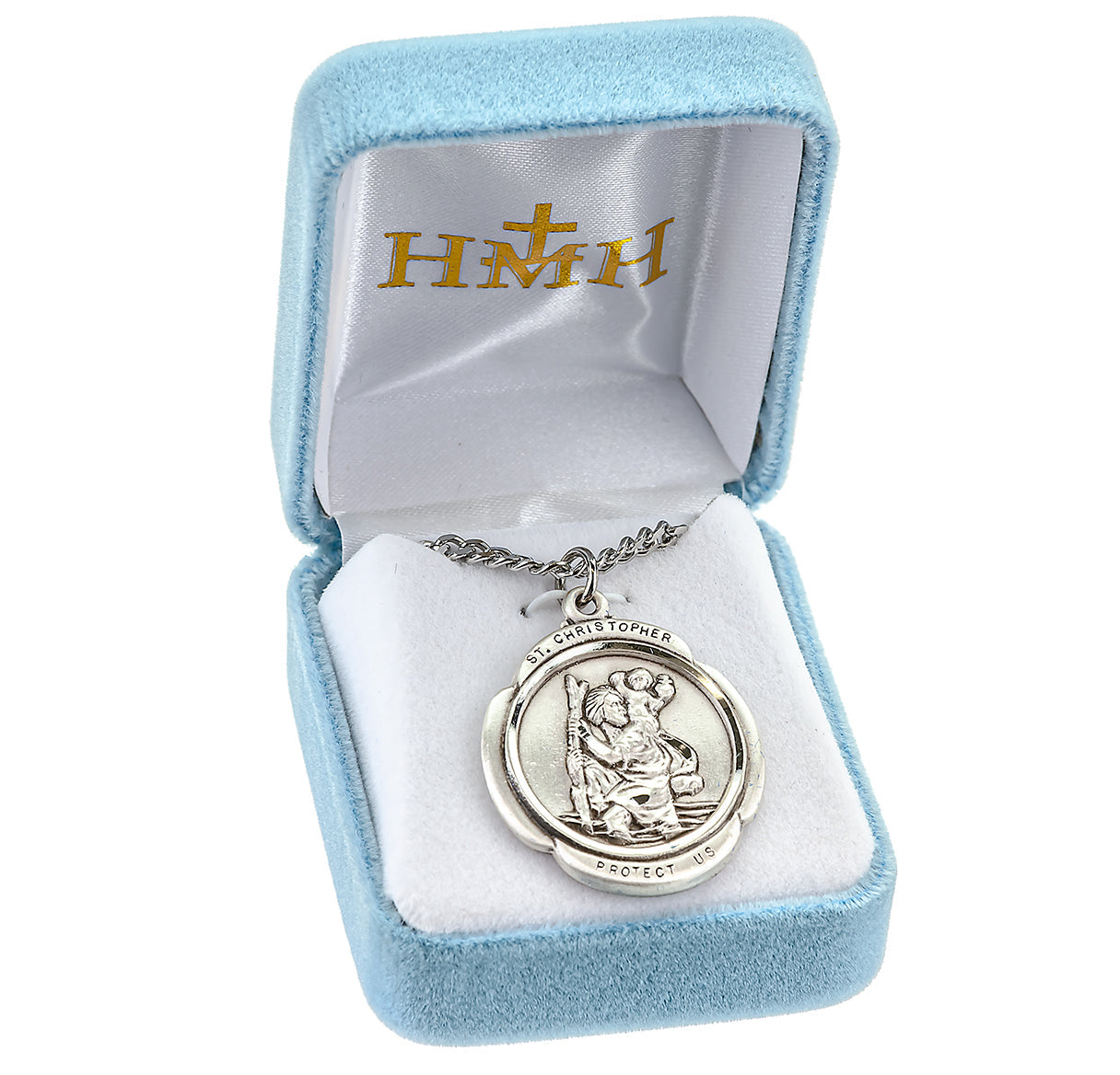 Saint Christopher Protect Us Rounded Cross Sterling Silver Medal Pendant with Chain | .925 Silver