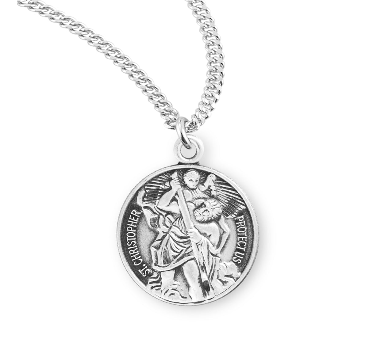 Saint Christopher Protect Us Round Sterling Silver Medal Pendant with Chain | .925 Silver