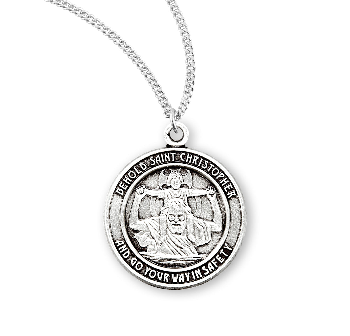 Saint Christopher Protect Us Round Sterling Silver Medal Pendant with Chain | .925 Silver