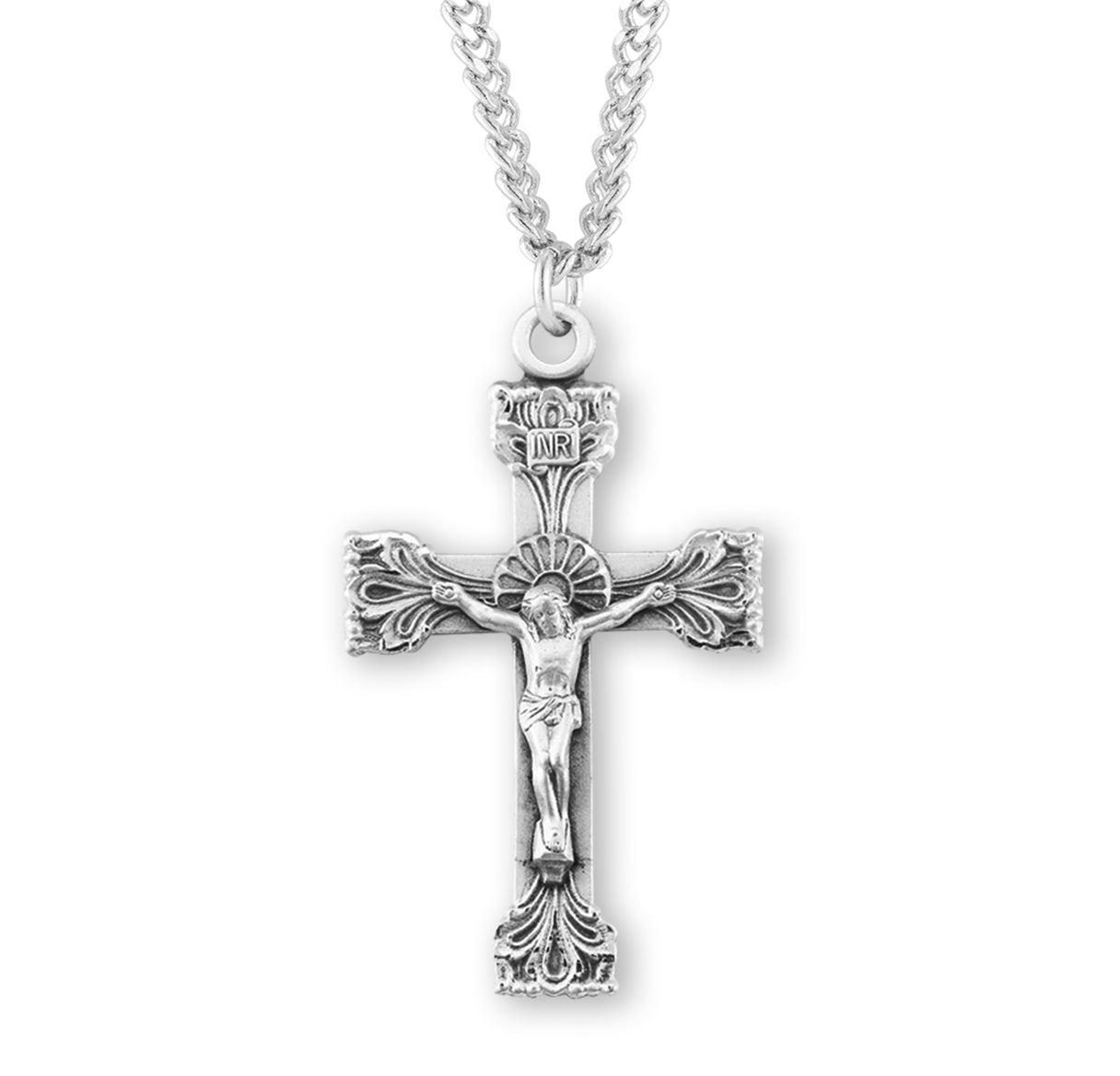 Extended Leaf Etched Sterling Silver Crucifix Necklace | .925 Silver
