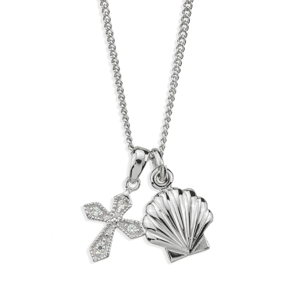 Sterling Silver Baptismal Shell Medal and Small CZ Cross Necklace | .925 Silver