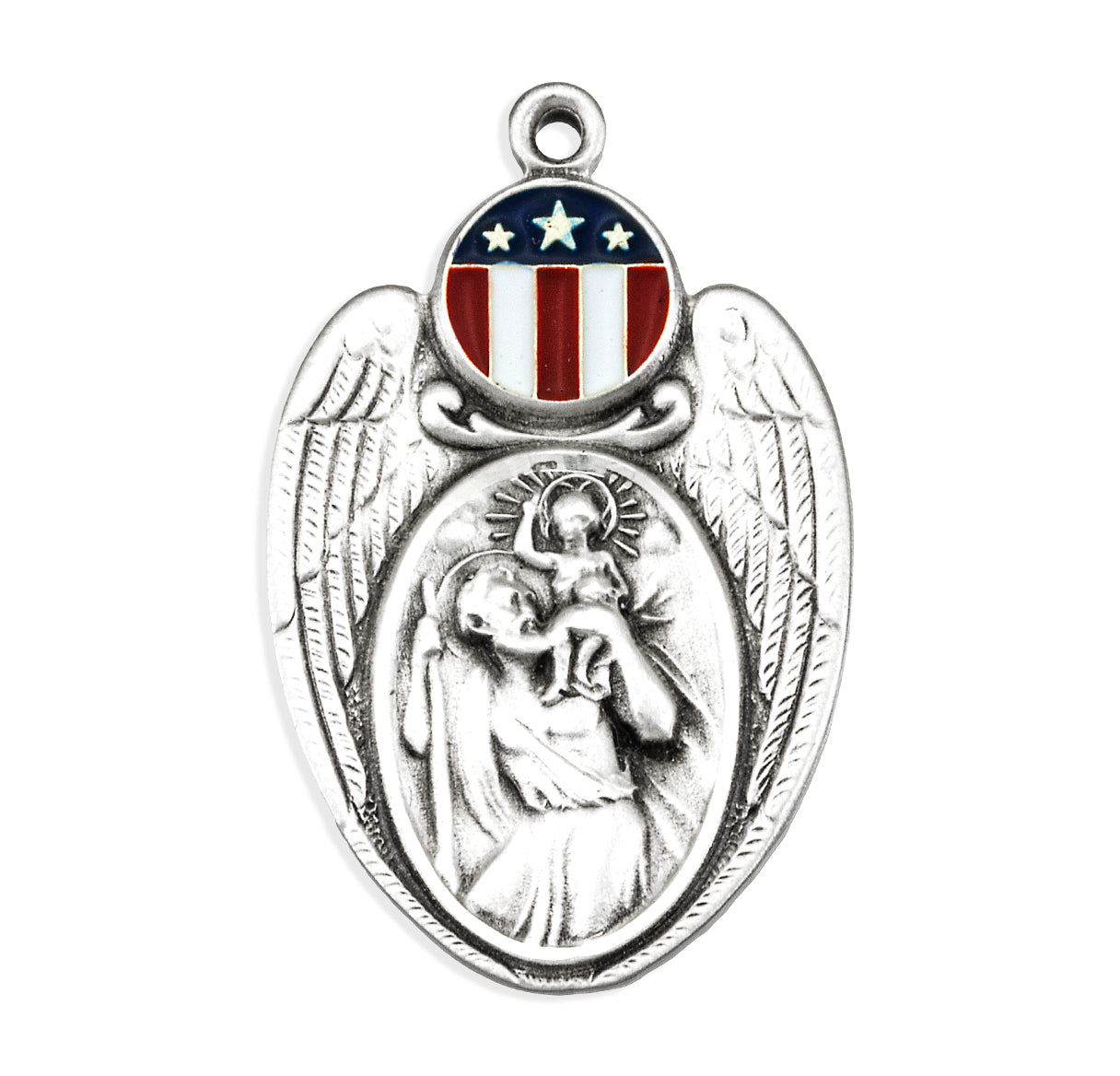 Sterling Silver St. Christopher Winged Military Medal with Epoxy Stars and Stripes Necklace | .925 Silver