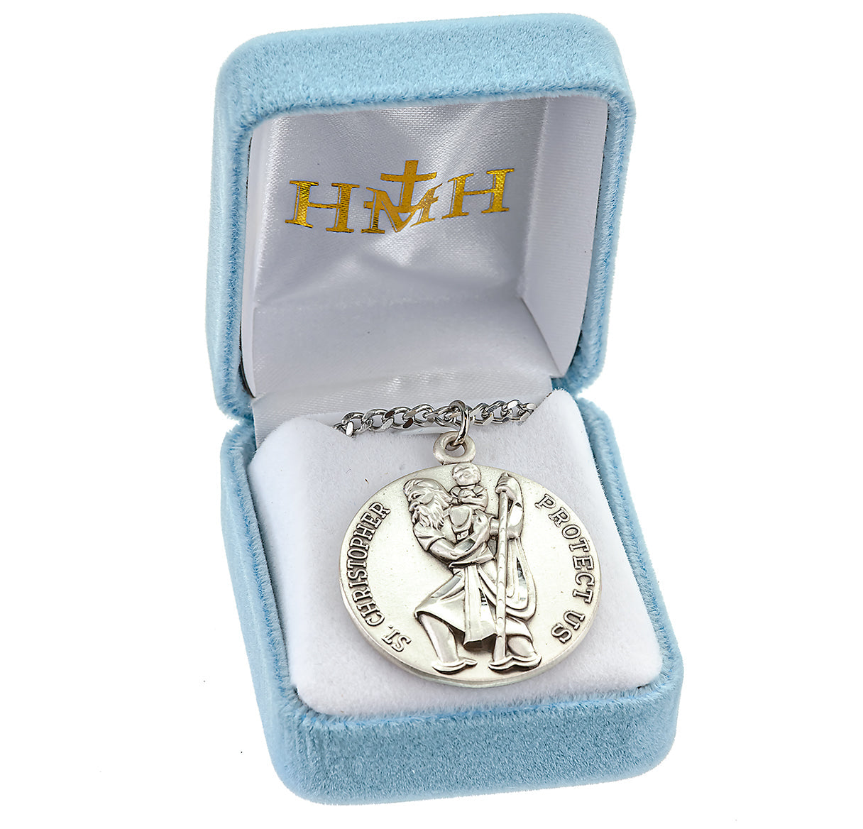 Saint Christopher Protect Us Round Sterling Silver Medal Pendant with Chain | .925 Silver