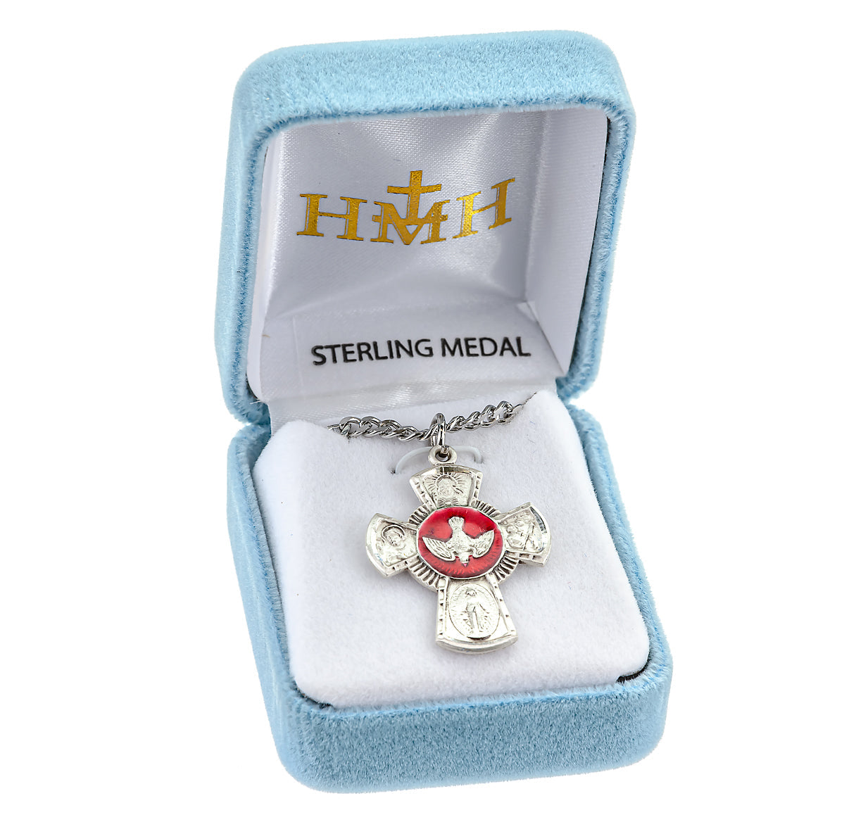 Sterling Silver Red Enameled 4-Way Cross Medal Pendant with Chain | .925 Silver