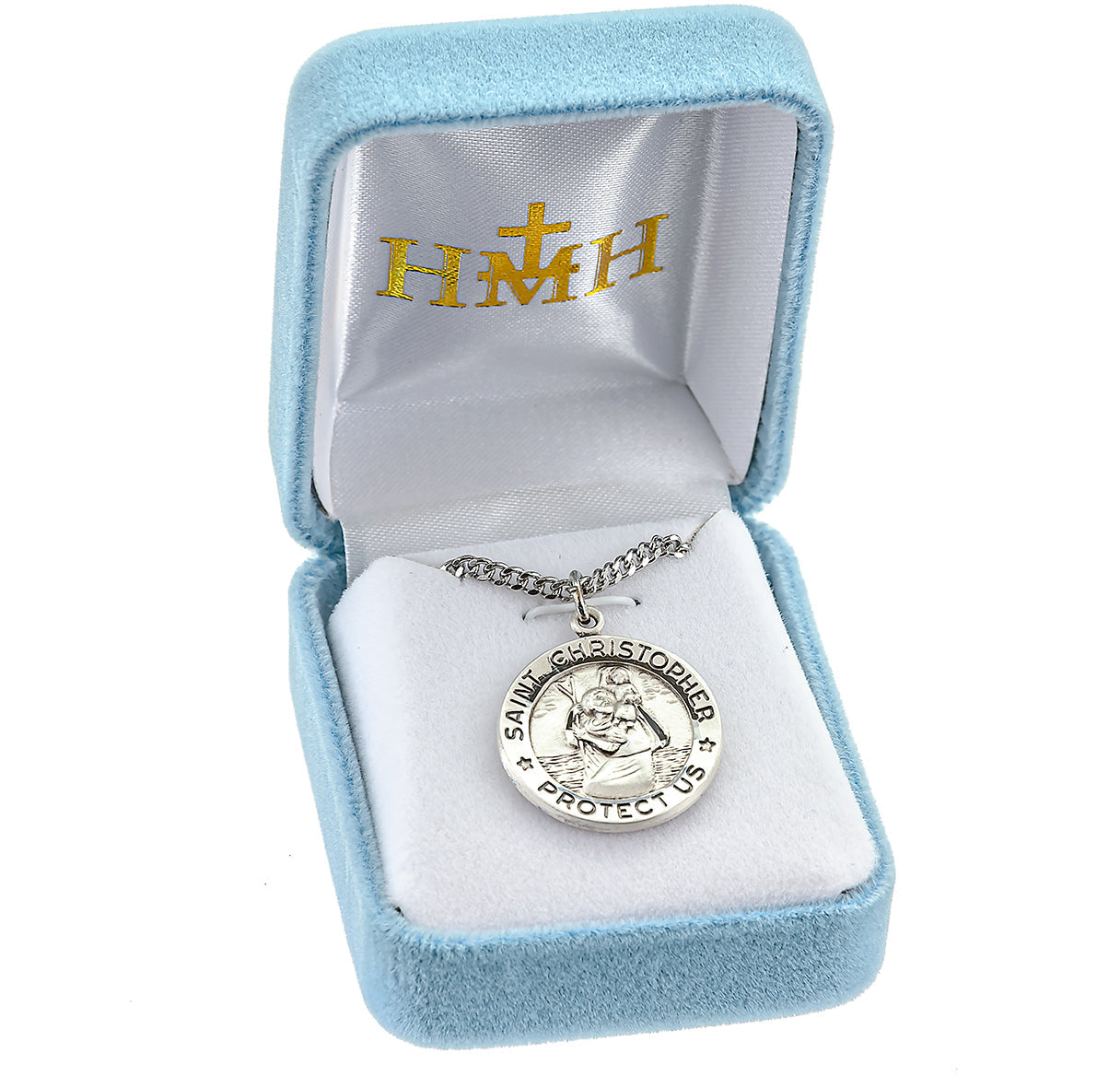 Saint Christopher Protect Us Round Sterling Silver Medal Pendant with Chain | .925 Silver