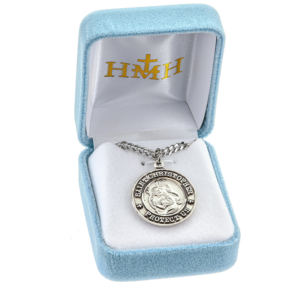 Saint Christopher Protect Us Round Sterling Silver Medal Pendant with Chain | .925 Silver