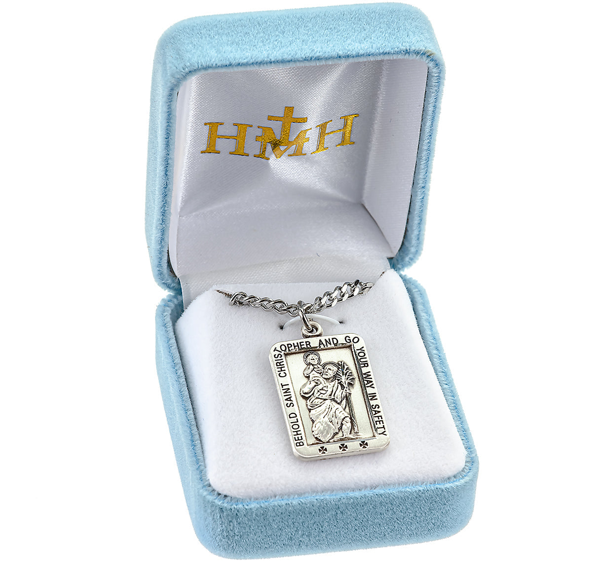Saint Christopher Protect Us Square Sterling Silver Medal Pendant with Chain | .925 Silver