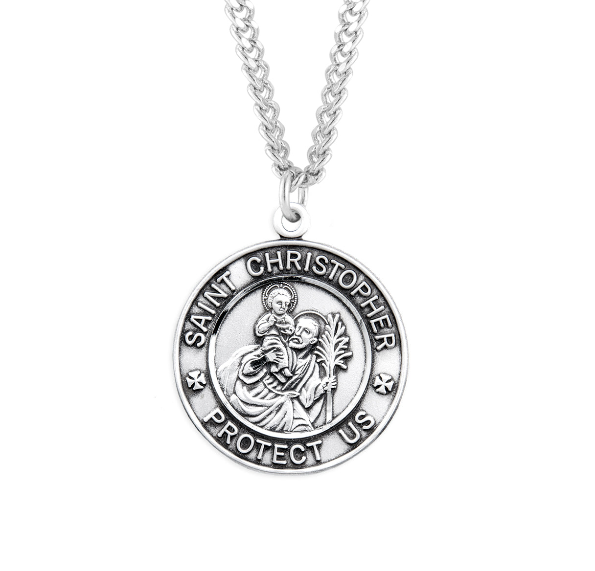 Saint Christopher Protect Us Round Military Medal Pendant with Chain | Catholic Jewelry