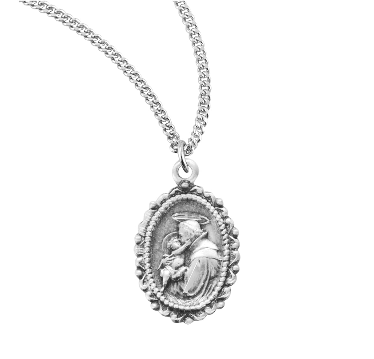 Saint Anthony Oval Sterling Silver Medal Pendant with Chain | .925 Silver