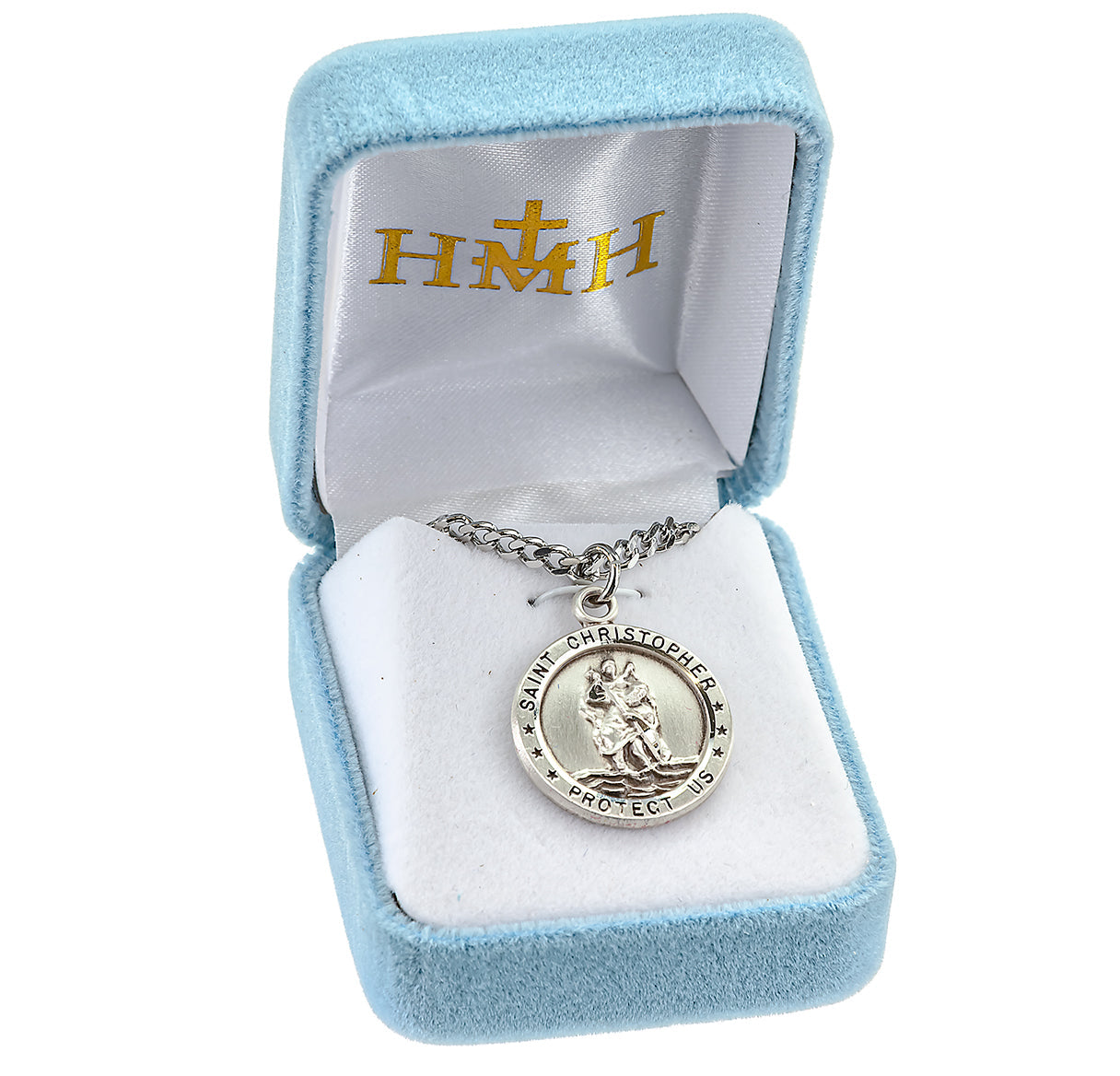 Saint Christopher Protect Us Round Sterling Silver Medal Pendant with Chain | .925 Silver