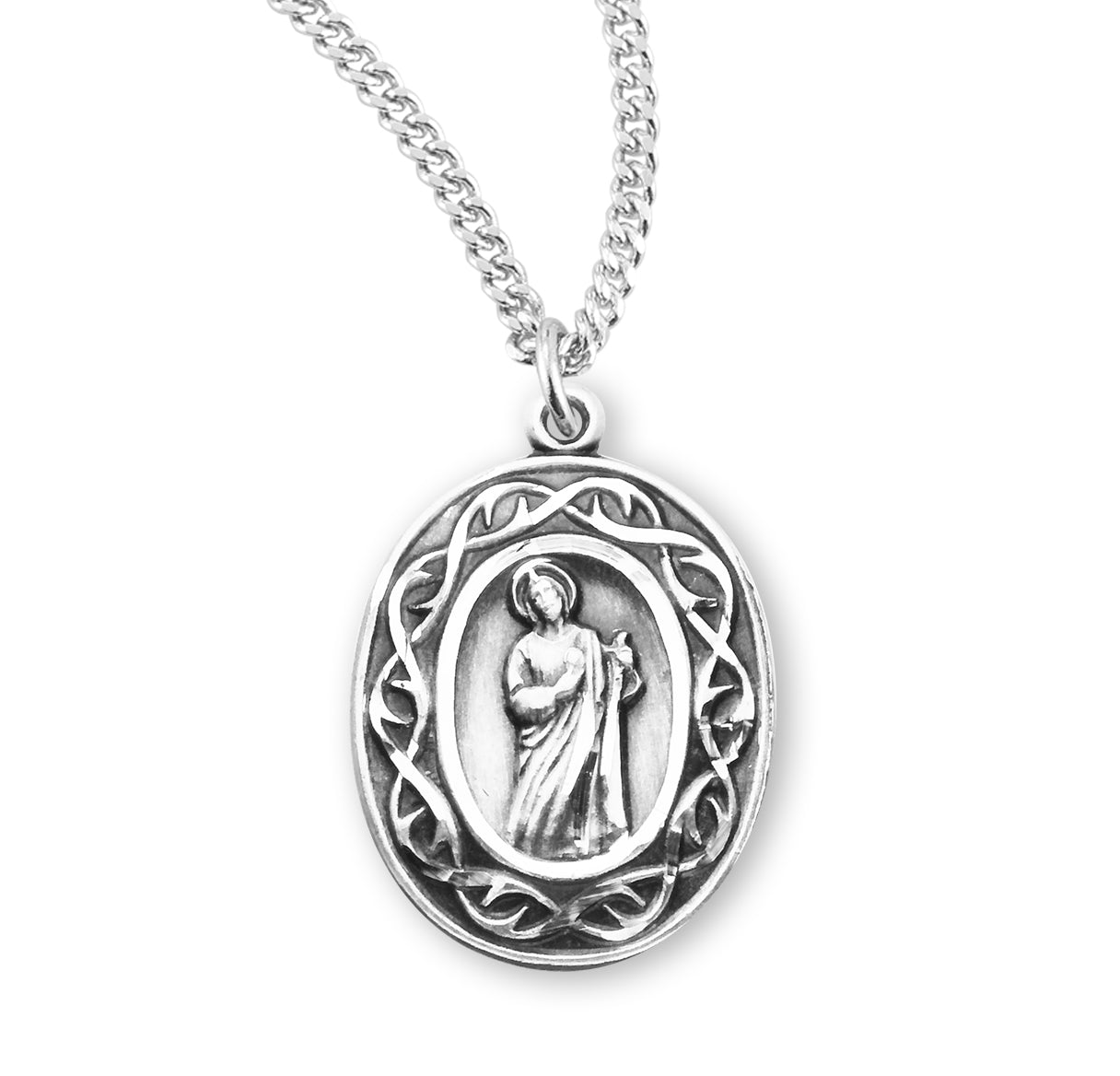 Saint Jude Thaddeus Oval Sterling Silver "Crown of Thorns" Medal Pendant with Chain | .925 Silver