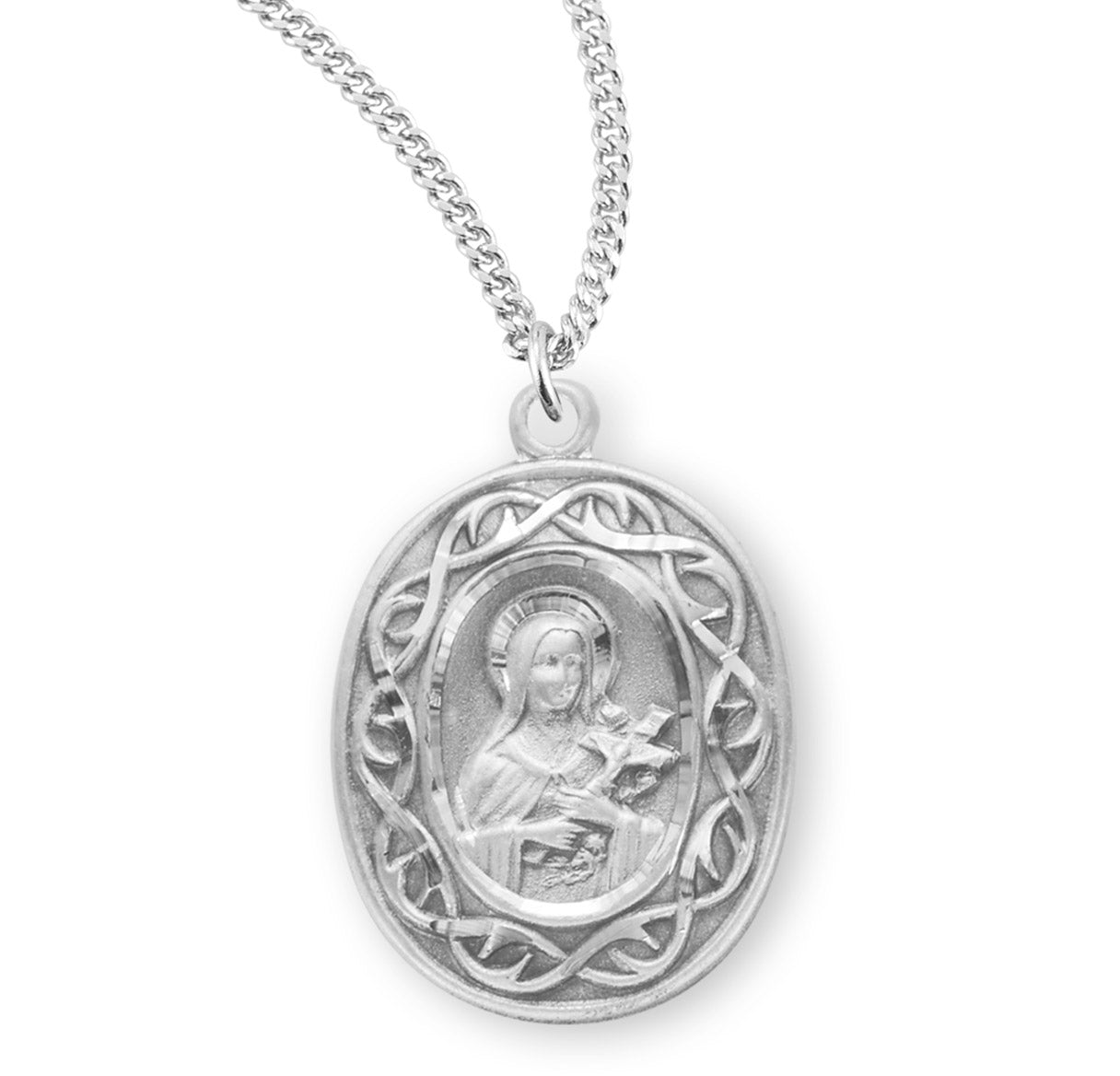 Saint Therese of Lisieux Oval Sterling Silver "Crown of Thorns" Medal Pendant with Chain | .925 Silver