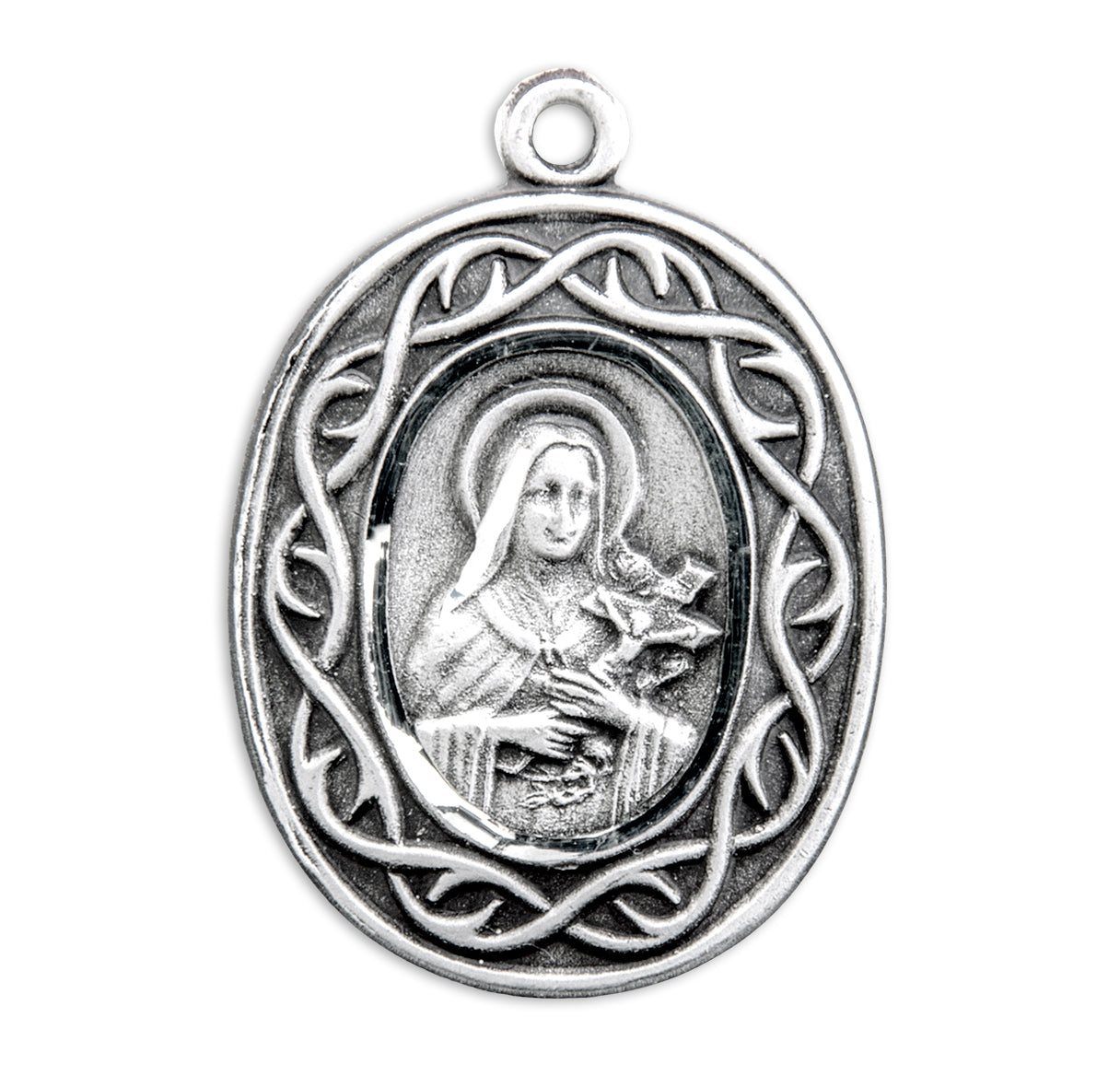Saint Therese of Lisieux Oval Sterling Silver "Crown of Thorns" Medal Pendant with Chain | .925 Silver