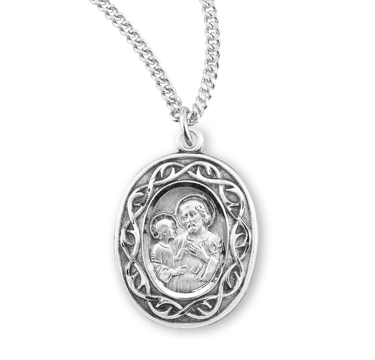 Saint Joseph "Crown of Thorns" Oval Medal Pendant with Chain | Catholic Jewelry