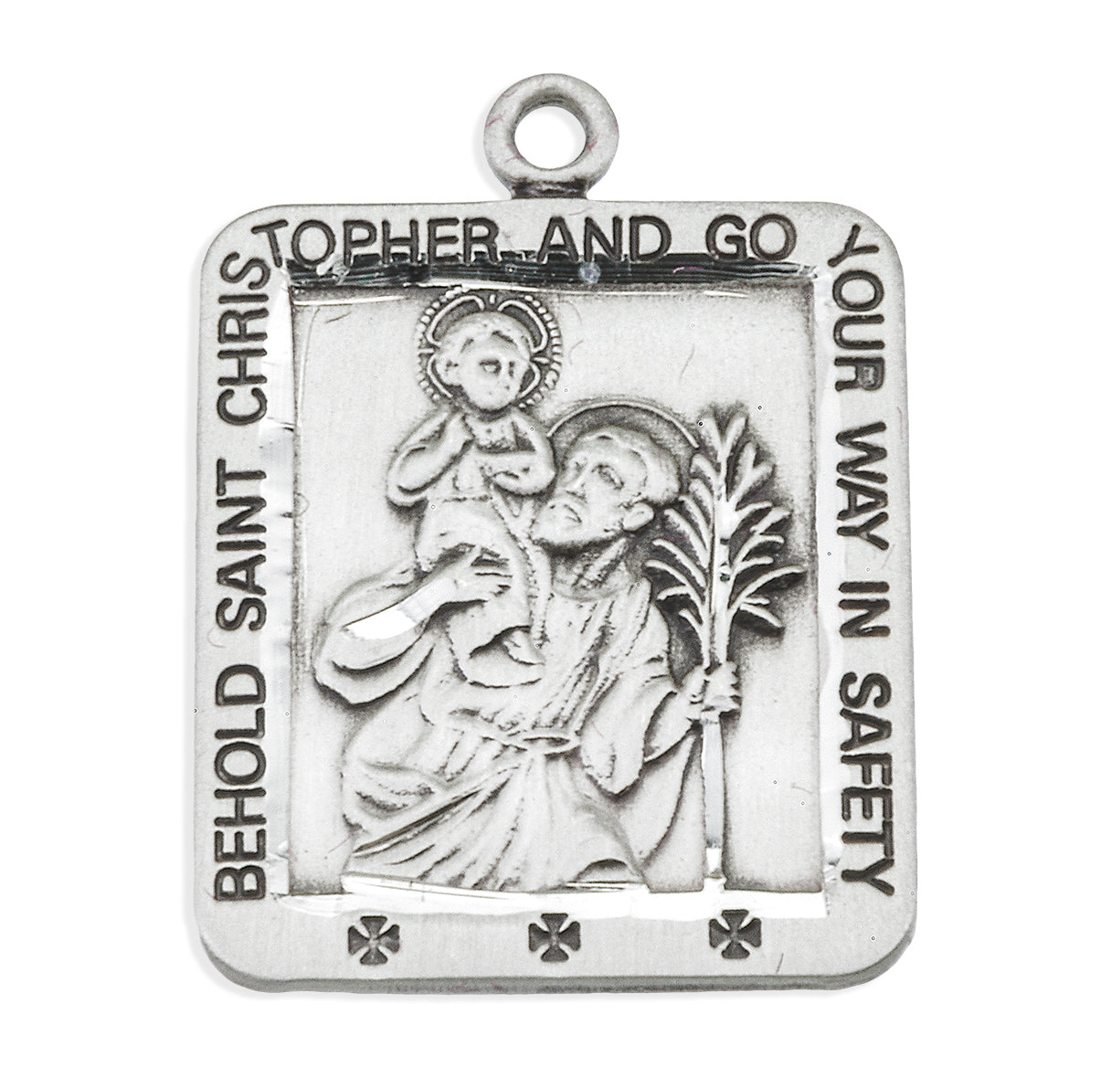 Saint Christopher Protect Us Square Sterling Silver Medal Pendant with Chain | .925 Silver