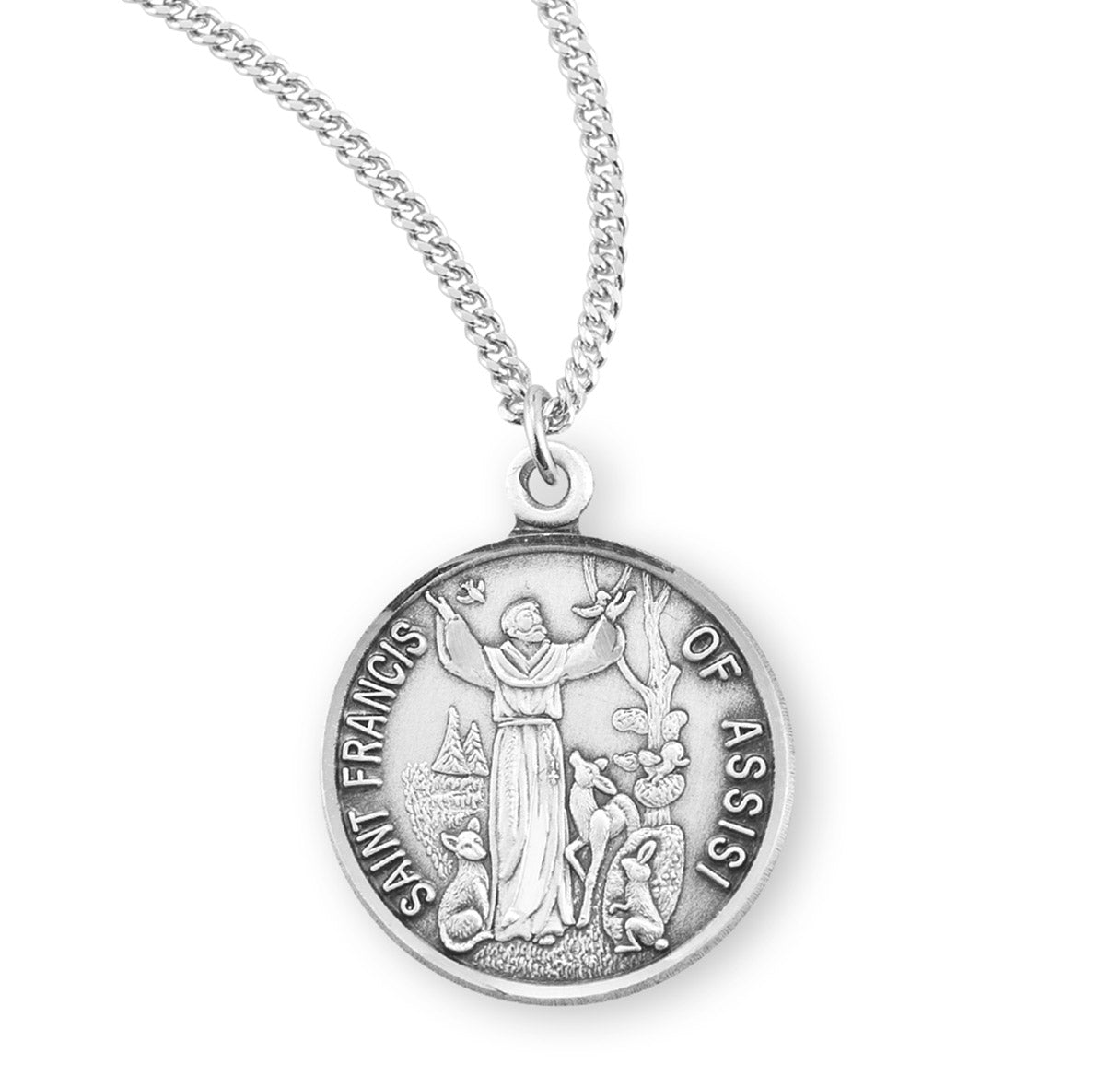 Saint Francis of Assisi Round Sterling Silver Medal Pendant with Chain | .925 Silver
