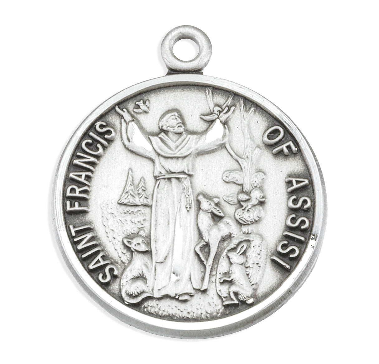 Saint Francis of Assisi Round Sterling Silver Medal Pendant with Chain | .925 Silver