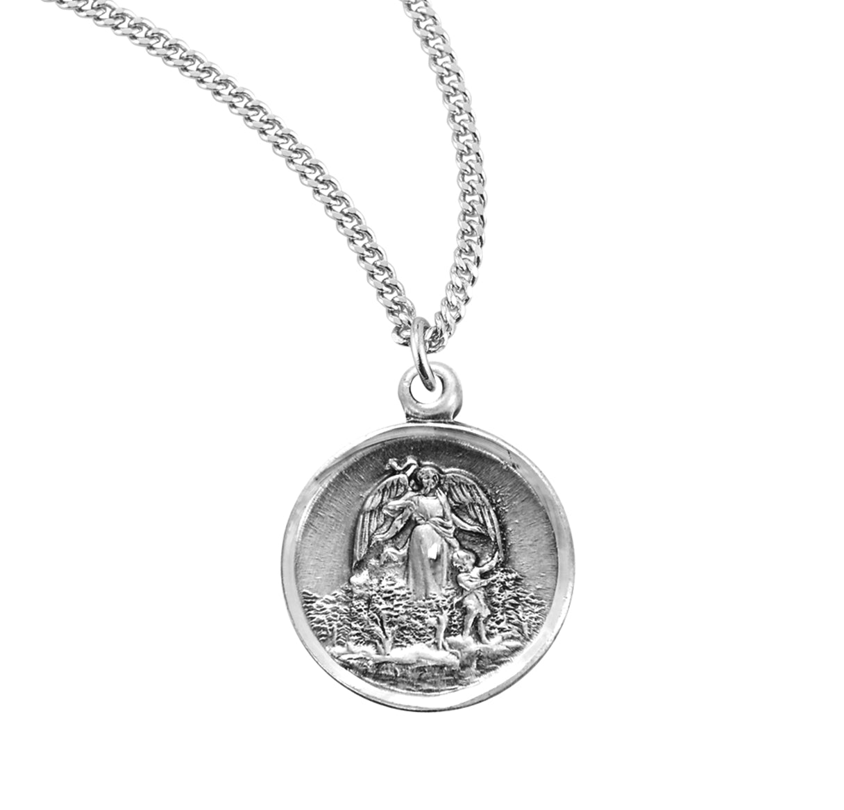 Guardian Angel Round Sterling Silver Medal Pendant with Chain | .925 Silver