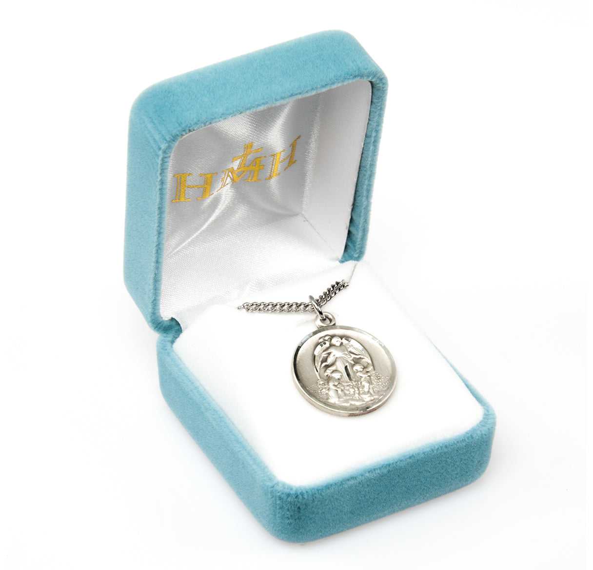 Guardian Angel Round Sterling Silver Medal Pendant with Chain | .925 Silver