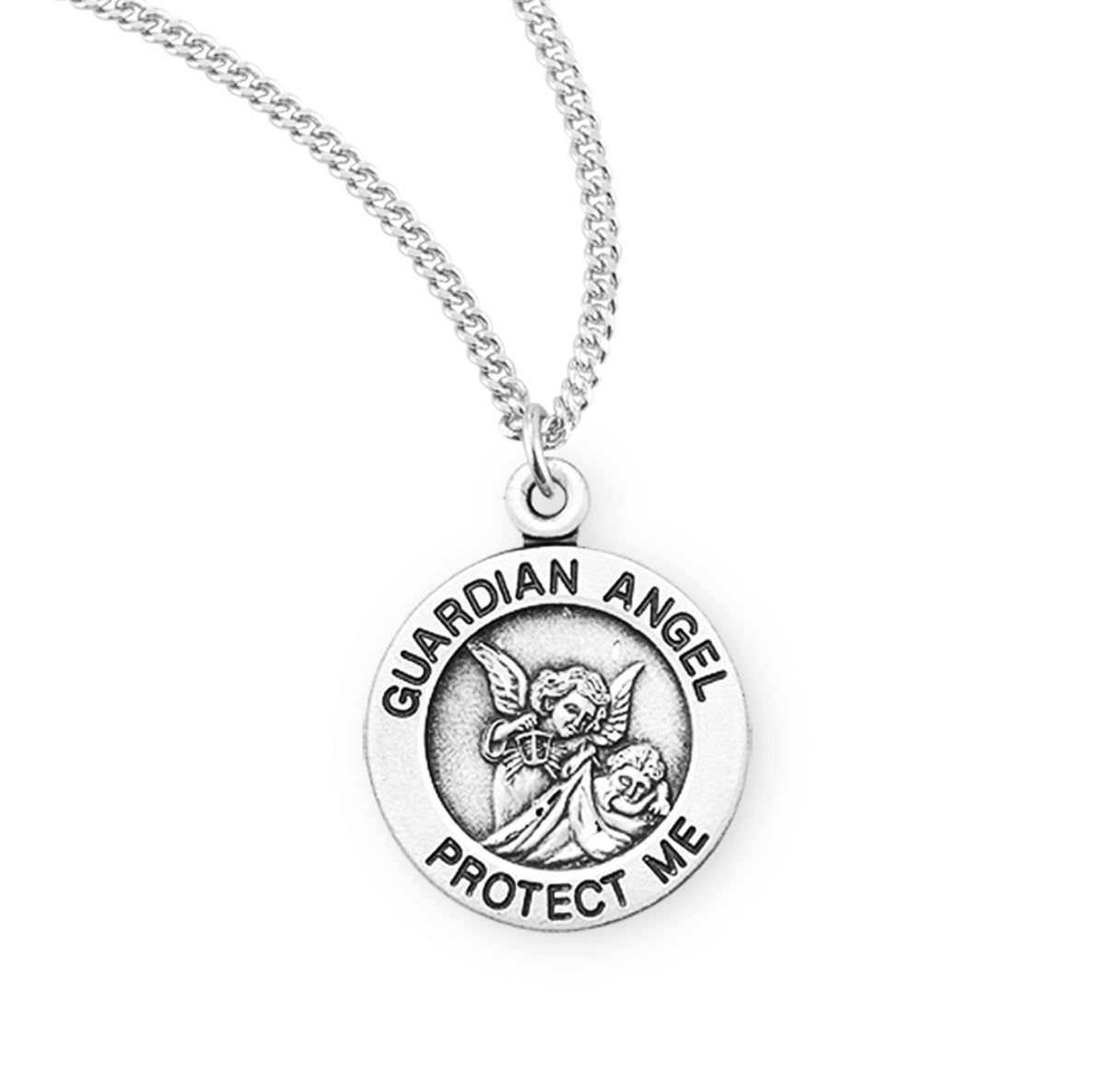 Guardian Angel Round Sterling Silver Medal Pendant with Chain | .925 Silver