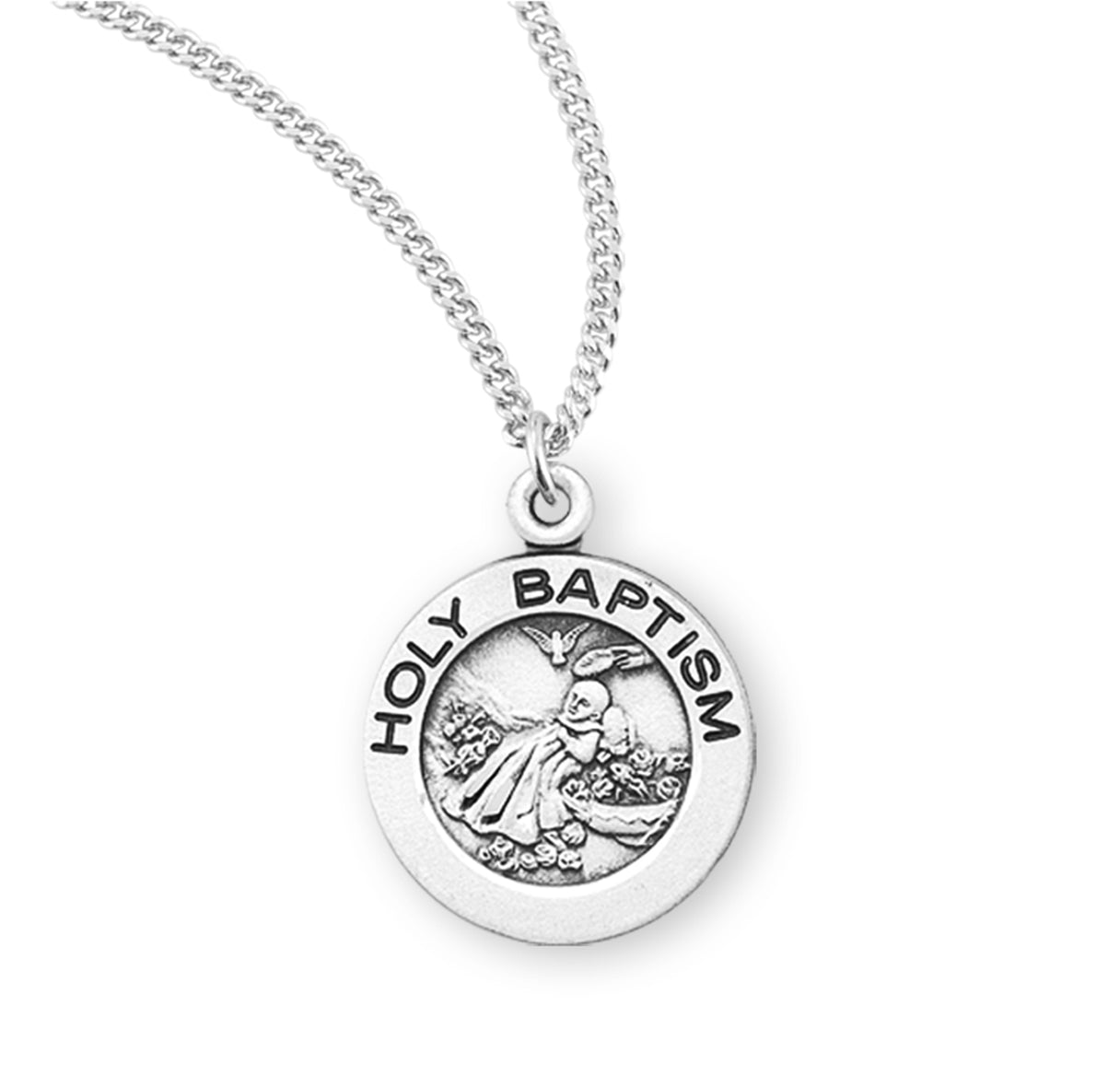 Holy Baptism Round Sterling Silver Medal Pendant with Chain | .925 Silver