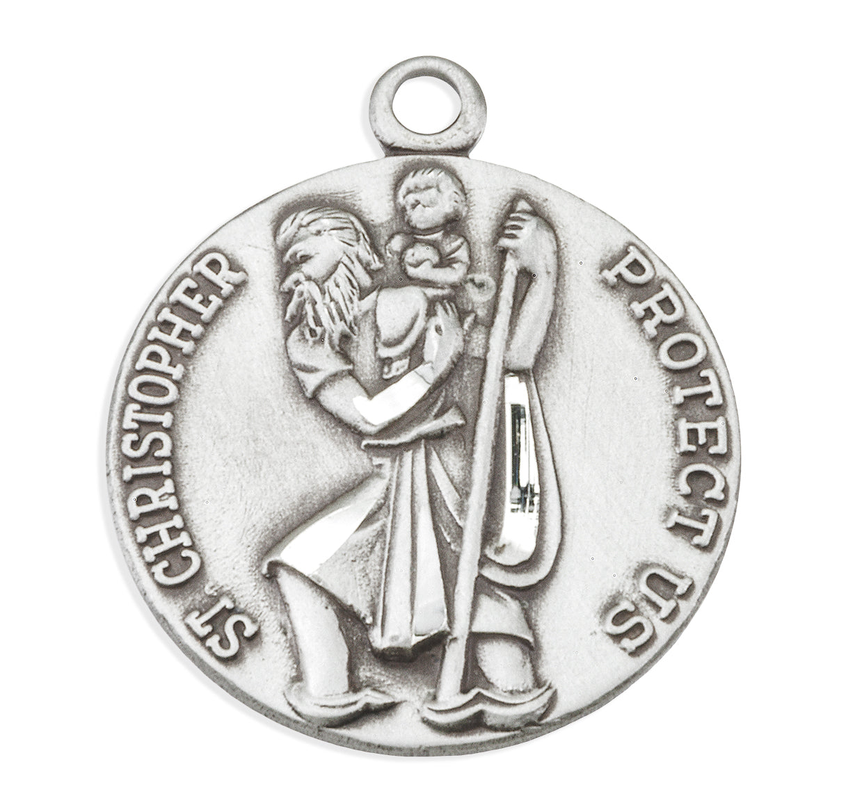 Saint Christopher Protect Us Round Sterling Silver Medal Pendant with Chain | .925 Silver