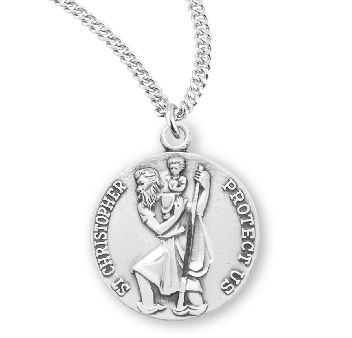 Saint Christopher Protect Us Round Sterling Silver Medal Pendant with Chain | .925 Silver