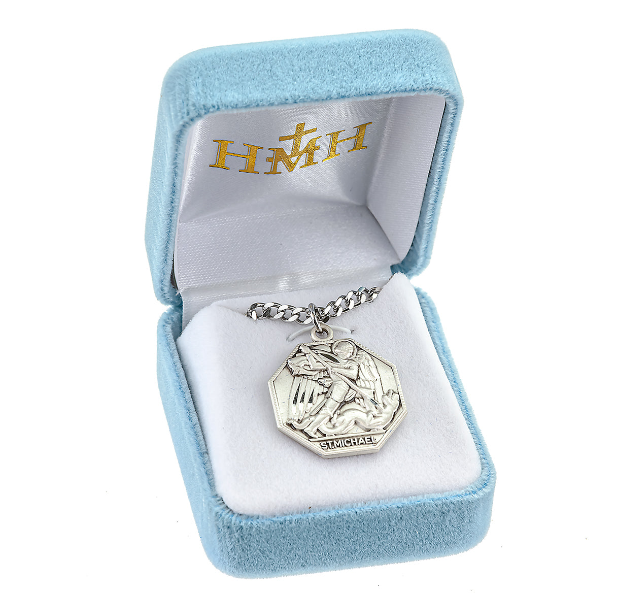 Saint Michael the Archangel Slaying Demon Octagon Sterling Silver Medal Pendant with Chain | .925 Silver