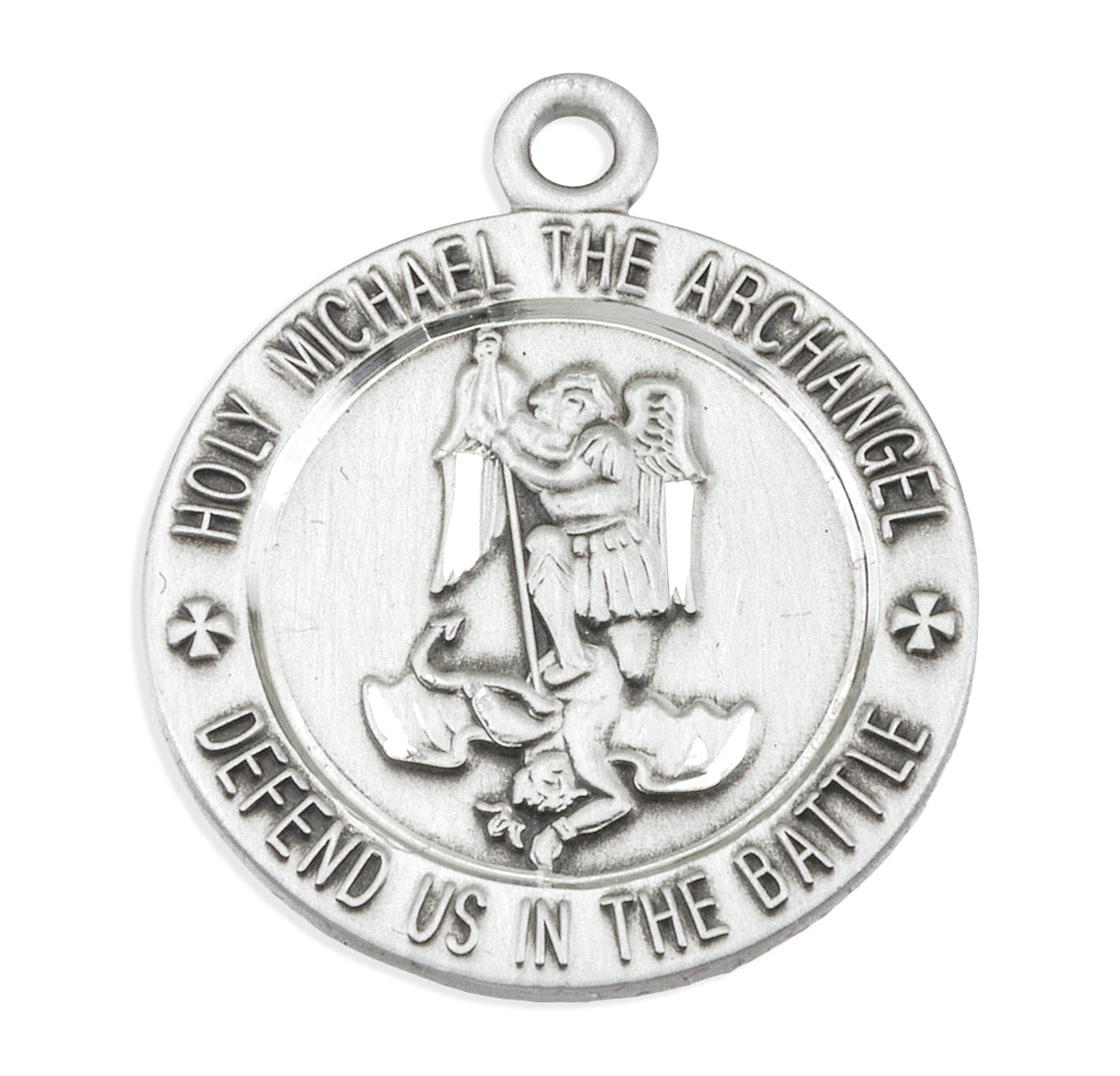 Saint Michael the Archangel Slaying Demon Round Sterling Silver Medal Pendant with Chain | .925 Silver