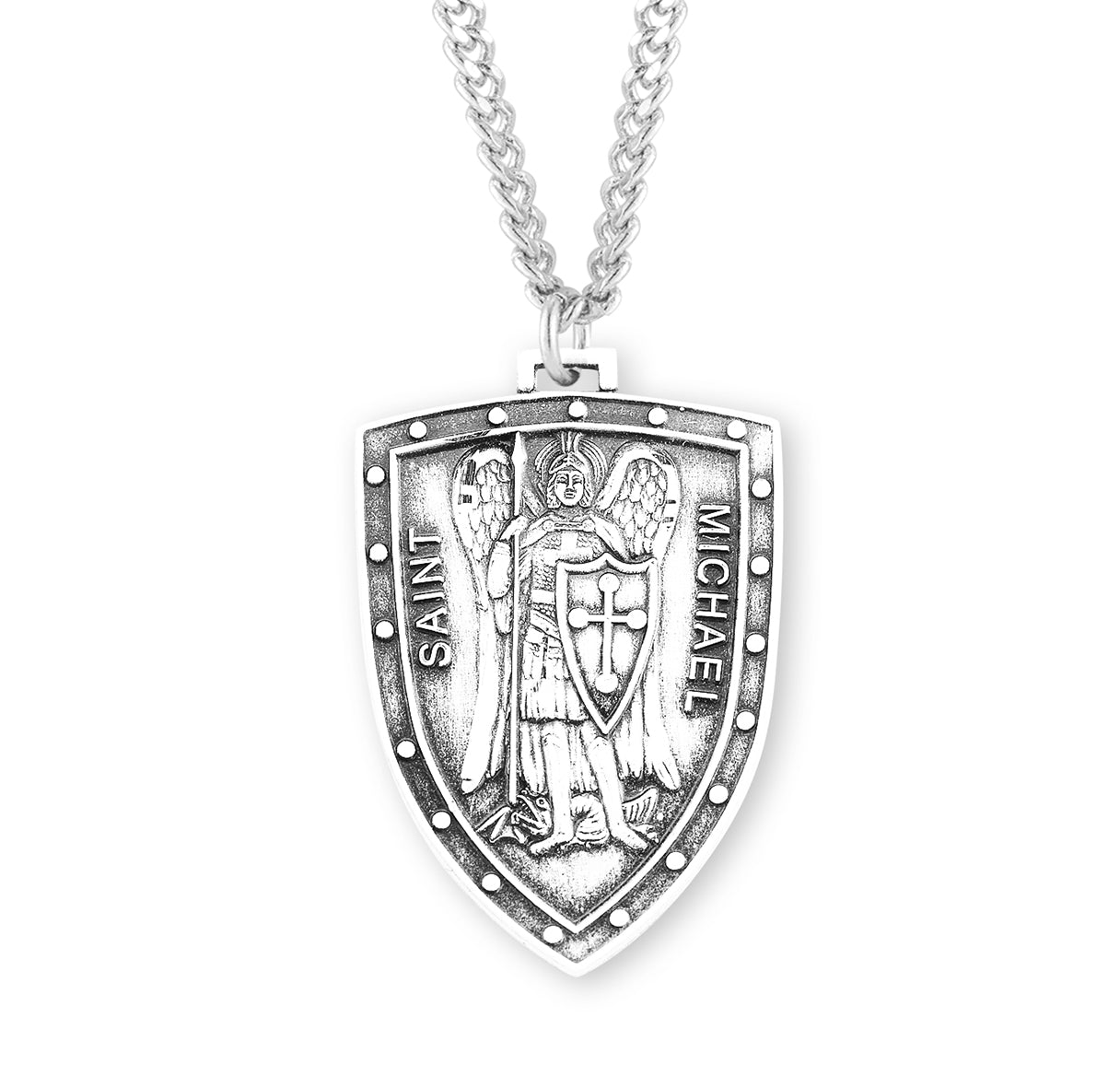 Saint Michael the Archangel Slaying Demon Sterling Silver Shield Medal Pendant with Chain | .925 Silver