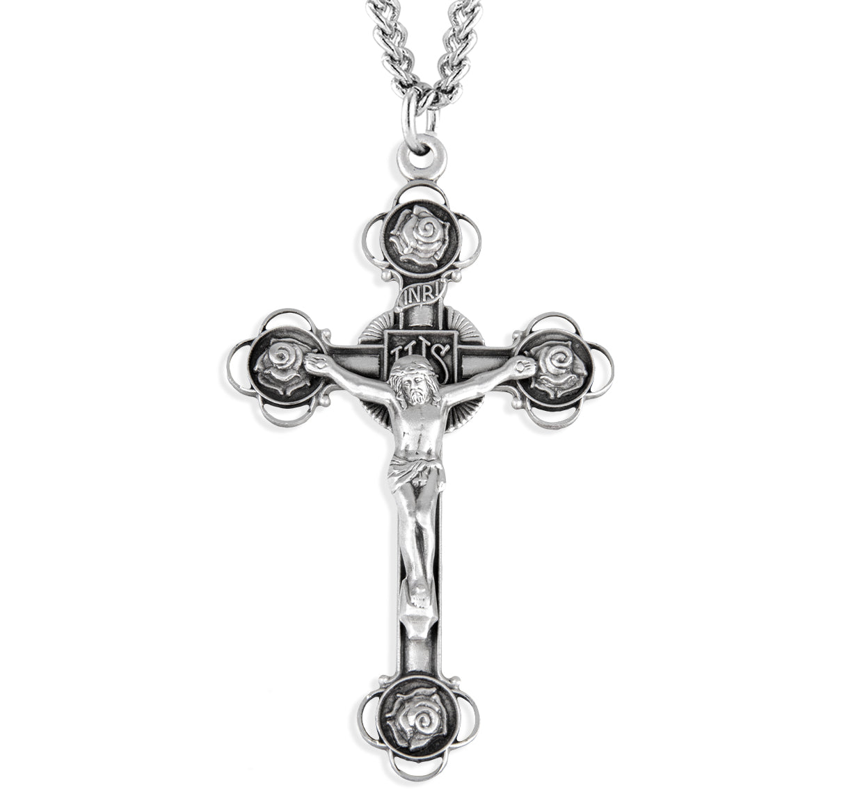 Rosebud Design Sterling Silver Crucifix Necklace | .925 Silver