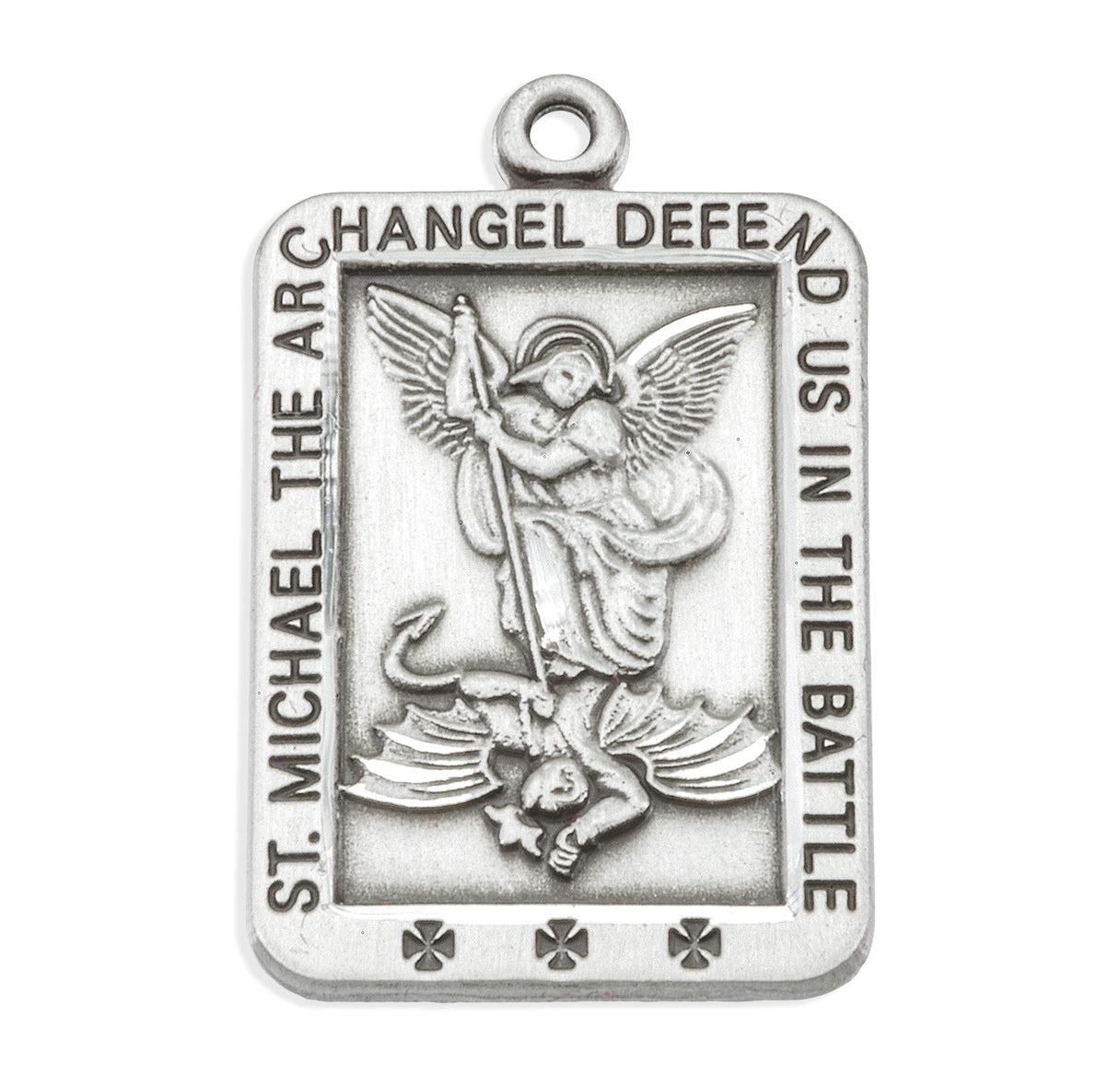 Saint Michael the Archangel Slaying Demon Rectangle Sterling Silver Medal Pendant with Chain | .925 Silver