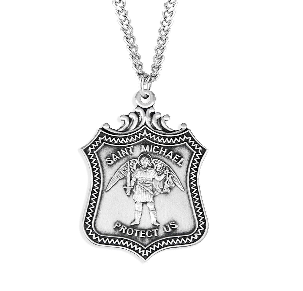 Saint Michael the Archangel Slaying Demon Sterling Silver Shield Medal Pendant with Chain | .925 Silver