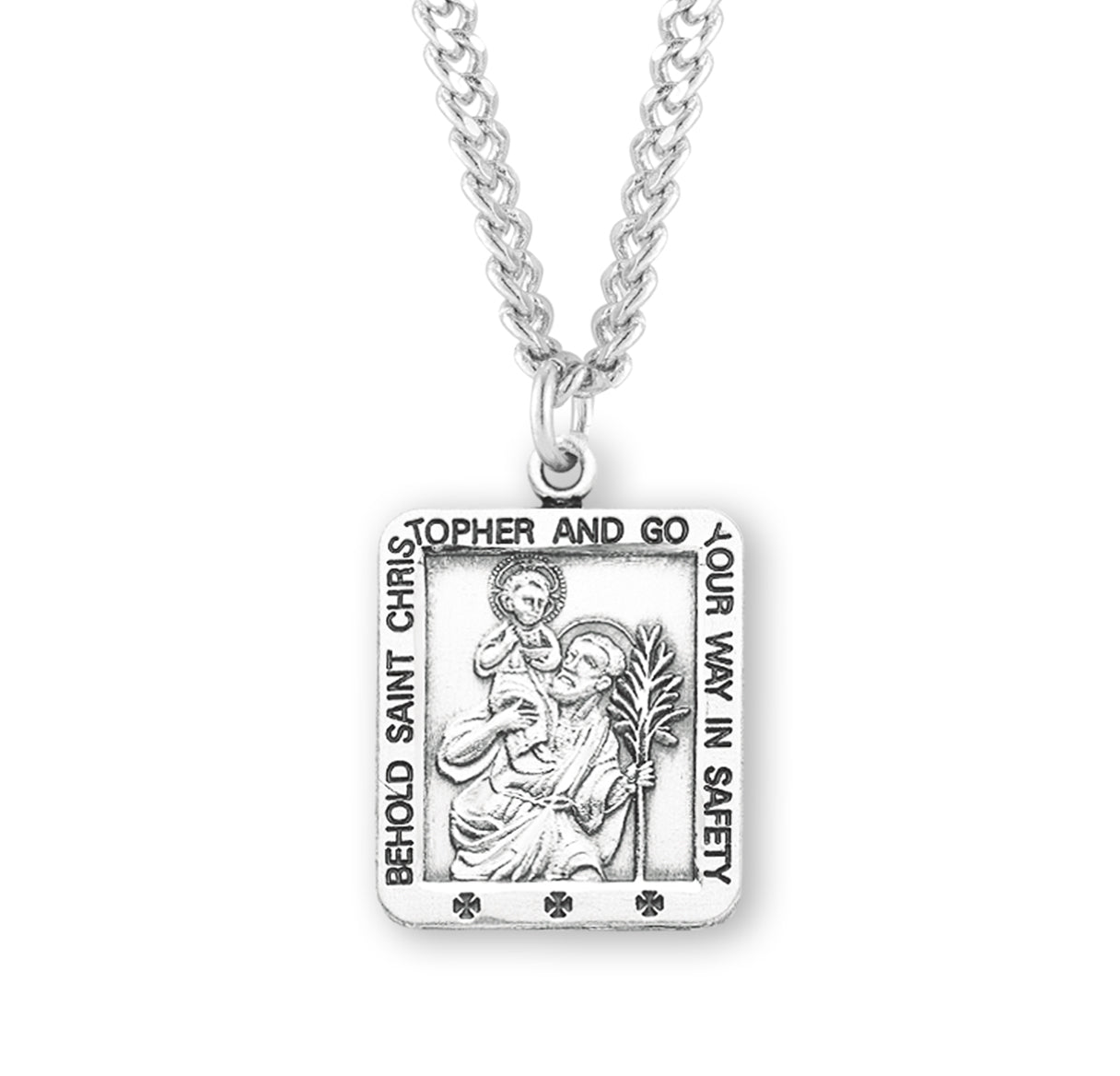 Saint Christopher Square Sterling Silver Medal Pendant with Chain | .925 Silver